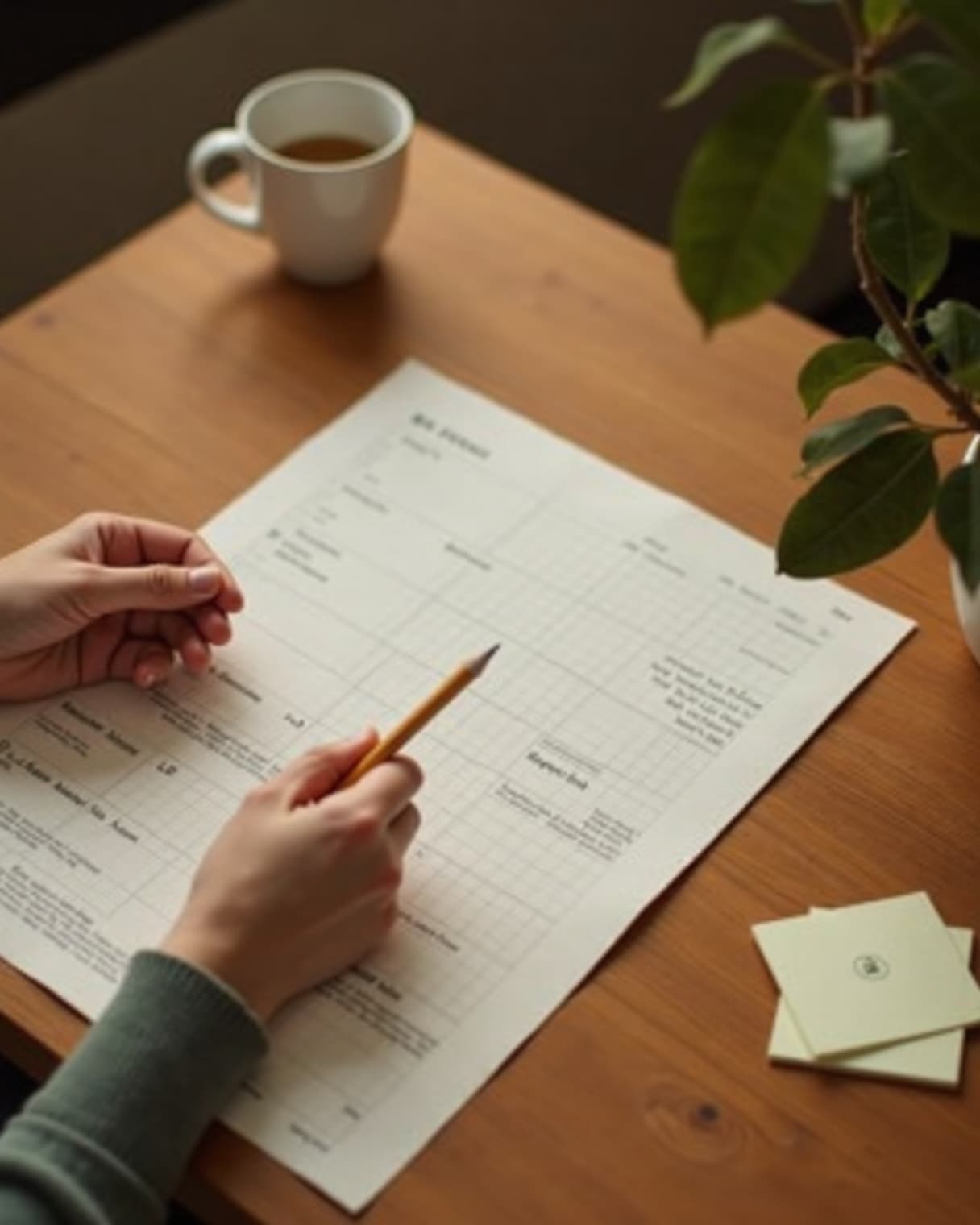 An adult's hand annotating a printed evaluation and breaking it into numbered steps, beside a mug and a small plant on a warm wood table
