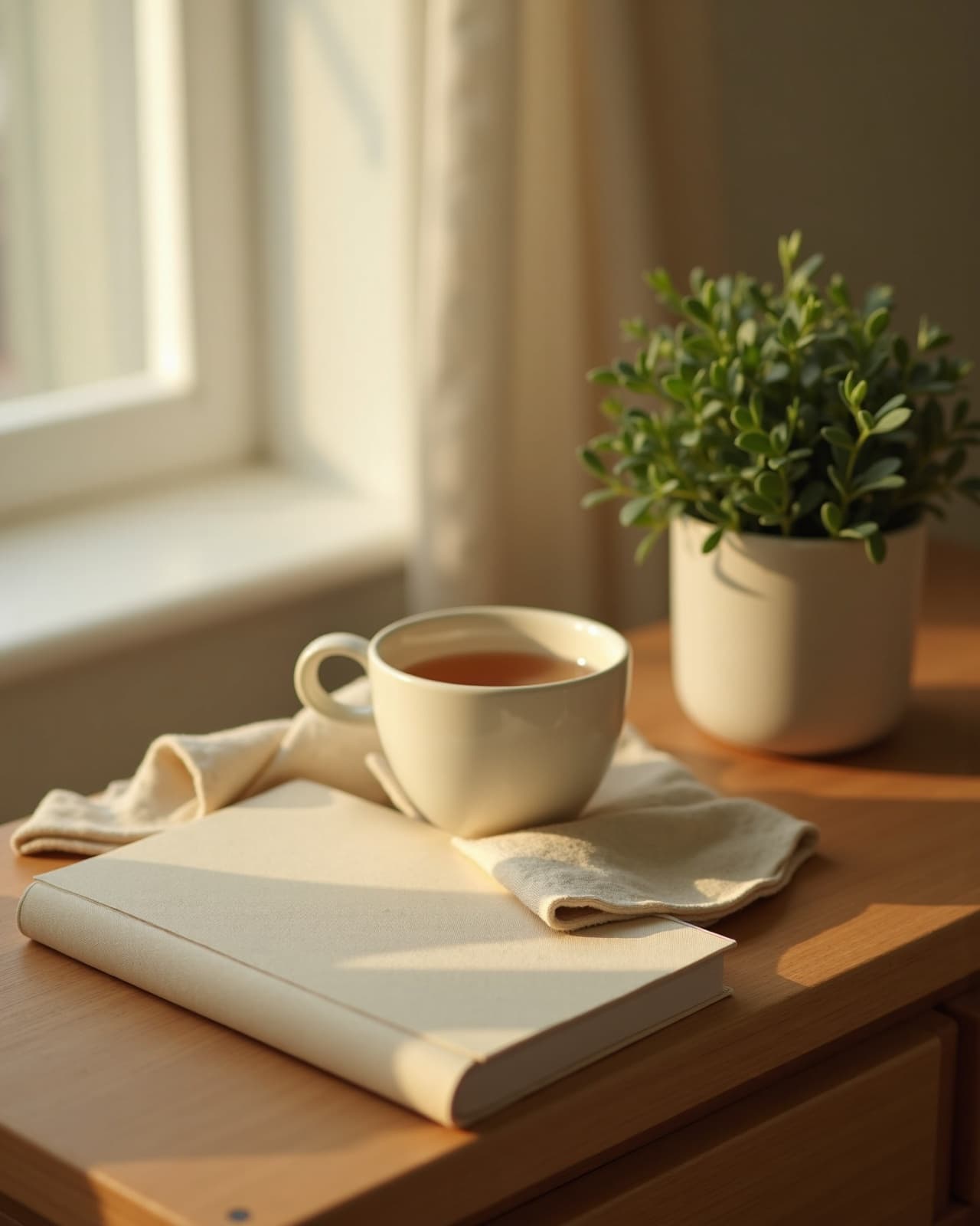 A cream mug of tea and a closed linen notebook on a warm wood table by a window, a small green plant beside them