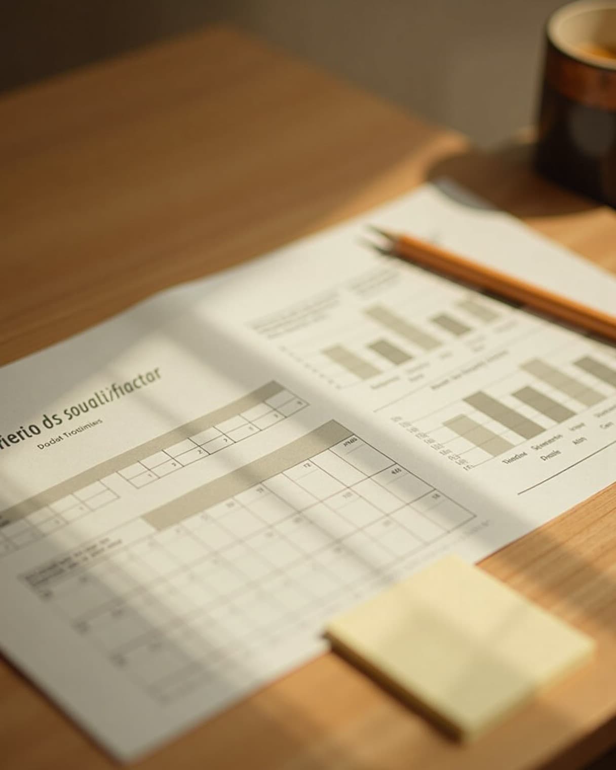 A close view of a printed evaluation with muted charts and a pen on a warm wood table